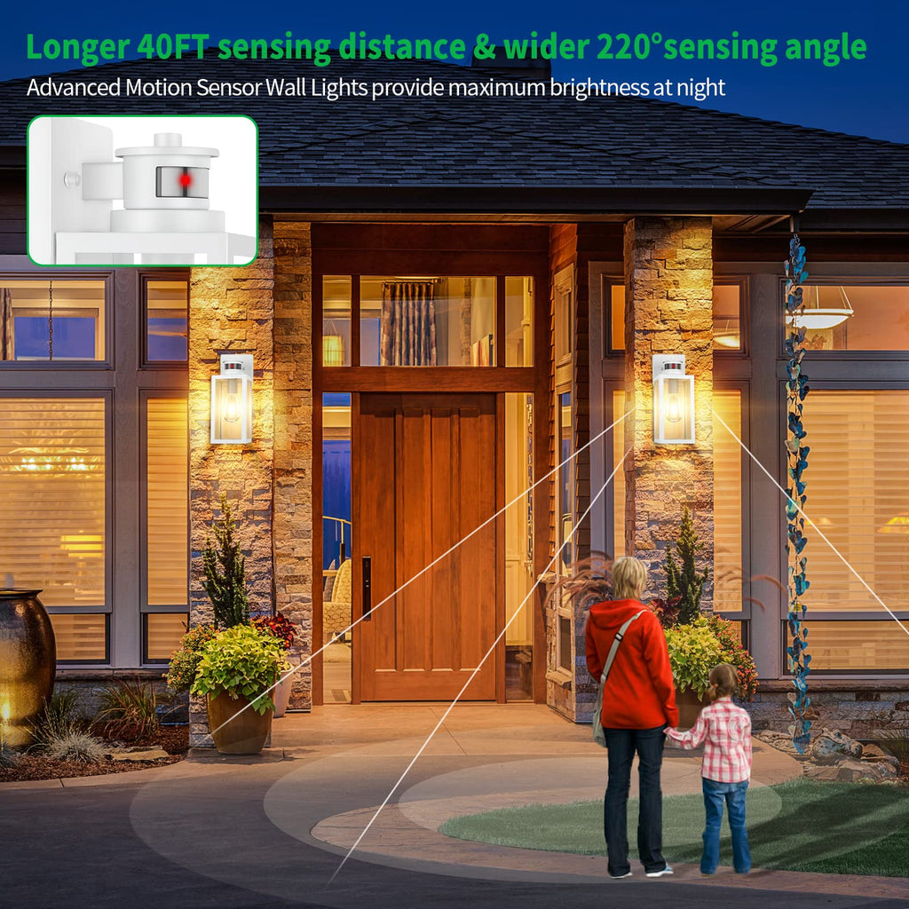 2-Pack Motion Sensor Outdoor Wall Lantern, Dusk to Dawn Exterior Light Fixtures Wall Mount, White Outside Light