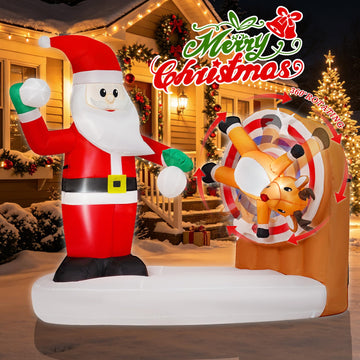 6FT Christmas Inflatable Santa Decorations with Spinning Reindeer Target Disc, 360° Rotating Holiday Yard Decor with