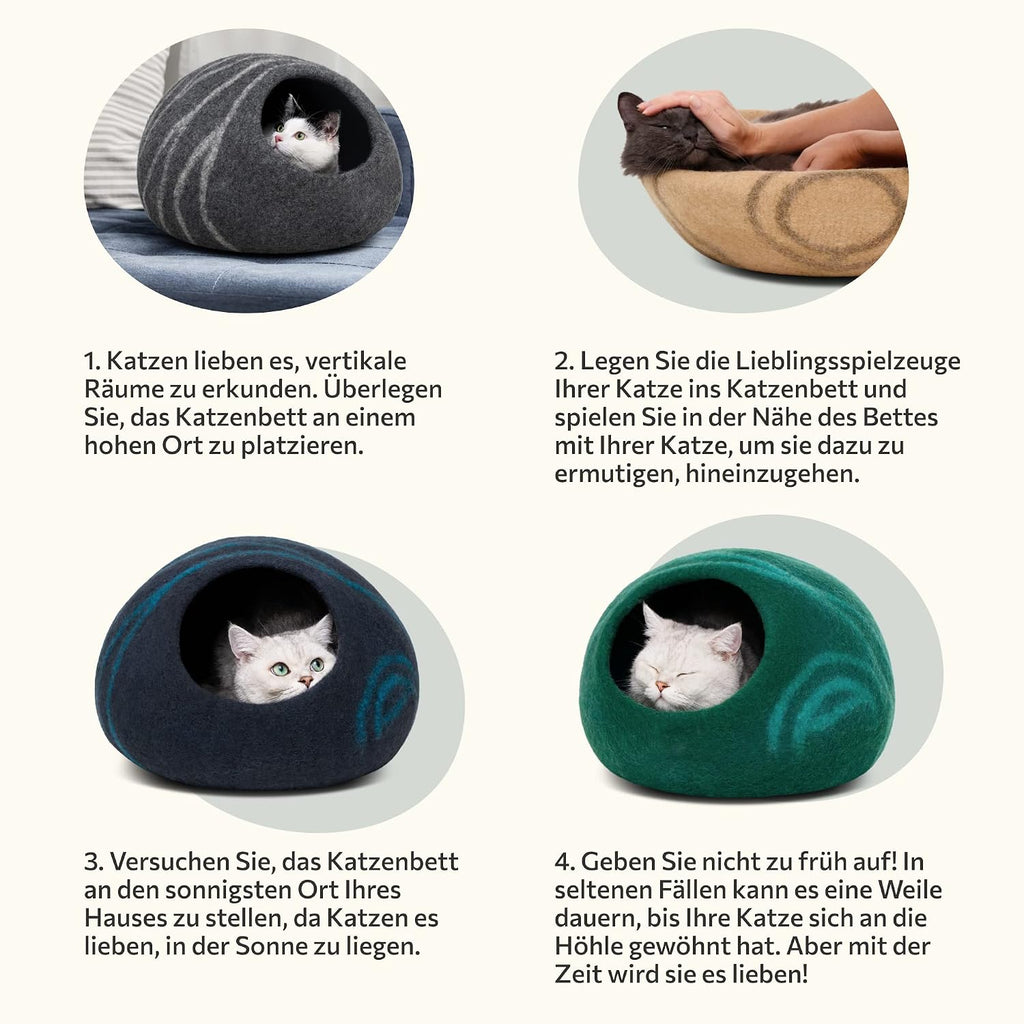 Premium Felt Cat Bed Cave (Dark Grey/Large) and Wool Ball Toys (6-Pack) Bundle
