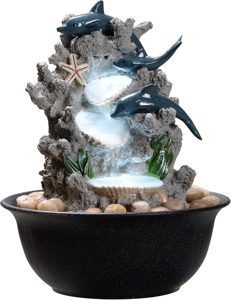 Indoor Tabletop Dolphin Water Fountain with LED Light - Ocean Theme Desk Decor and River Rocks, Relaxing Sound