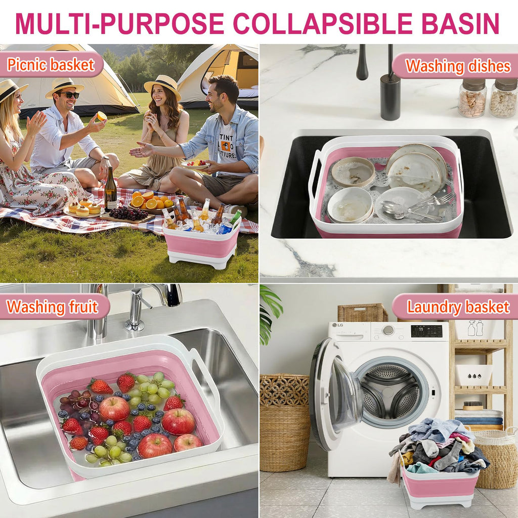 Collapsible Baby Bottle Wash Basin w/Drying Rack & Drain Plug, Pink