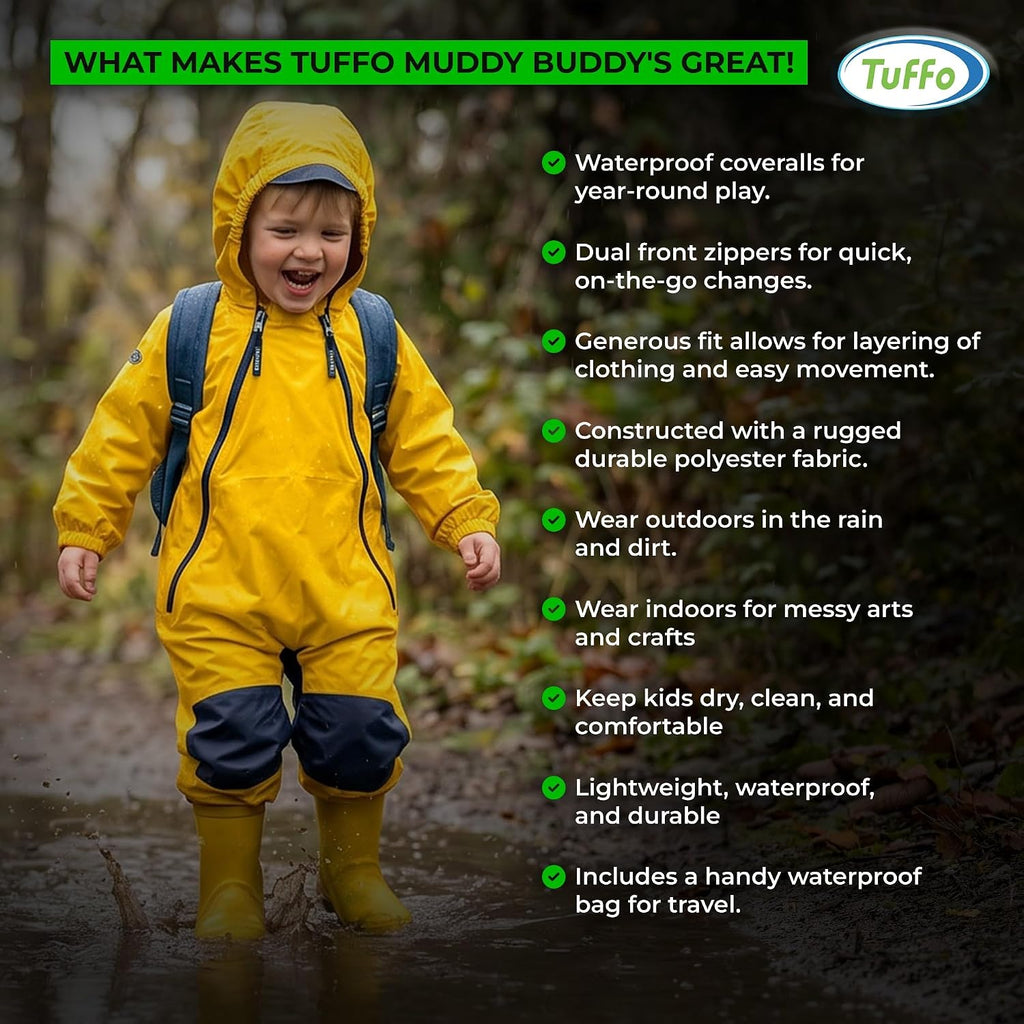Muddy Buddy Kids Waterproof Rain Suit One-Piece Coverall, Dual Zippers, Sealed Seams, Reinforced Knees - Boys & Girls