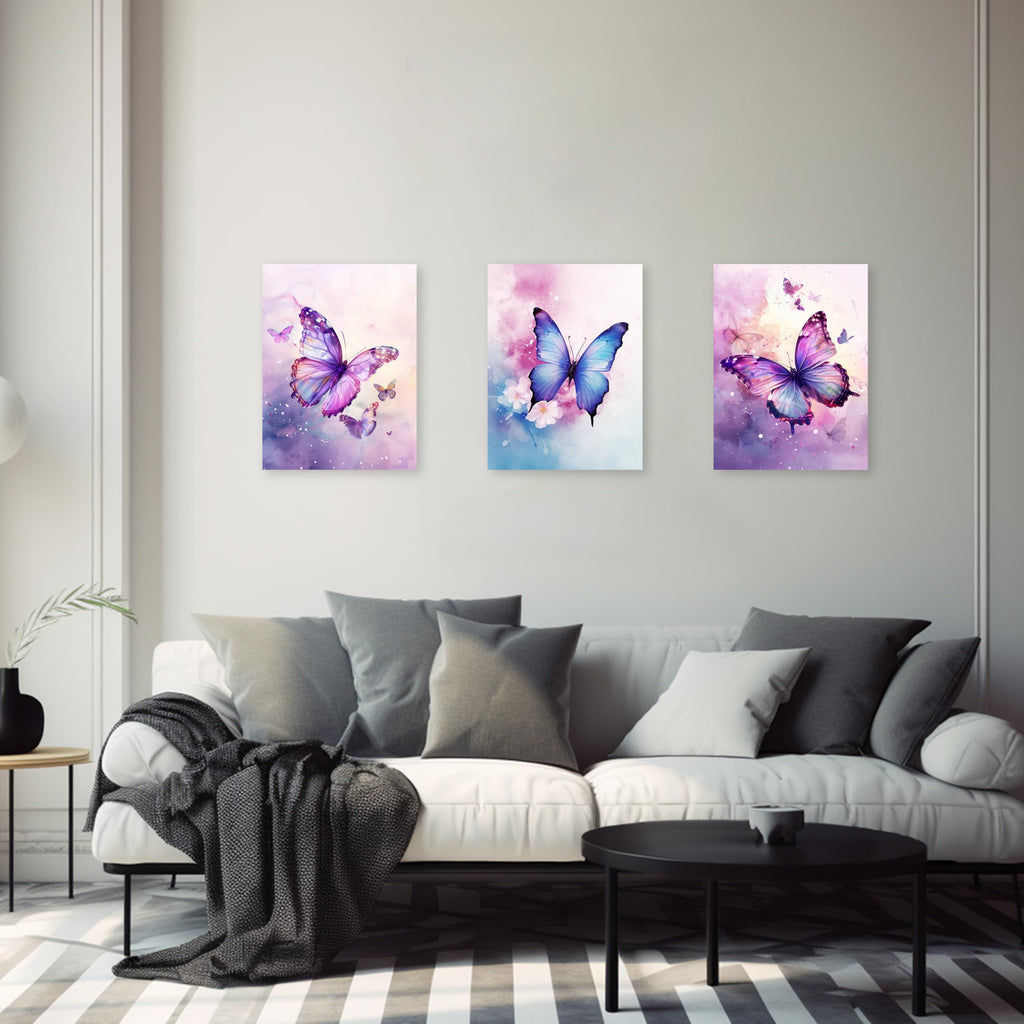 3 Piece Purple Butterfly Canvas Wall Art Butterfly Pictures Wall Decor Watercolor Painting for Girls Room Decor