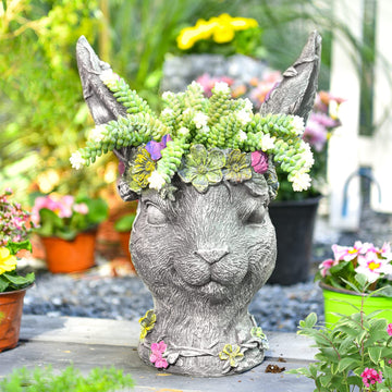 Bobby Rabbit Head Planter - Resin & 14.6 Inches Tall Garden Pot