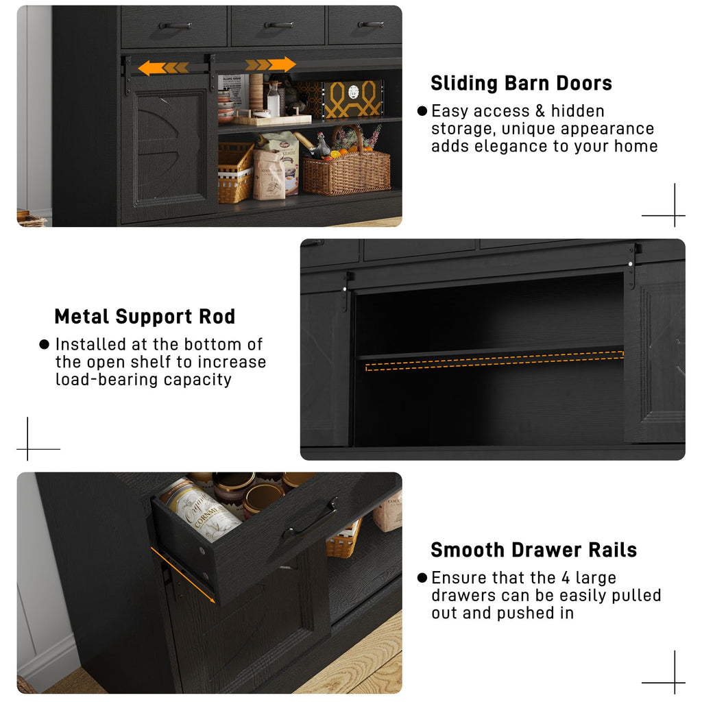 70" Large Buffet Sideboard Cabinet w/4 Drawer, Farmhouse Coffee Bar Cabinet Buffet with Storage, Sliding Door, Long