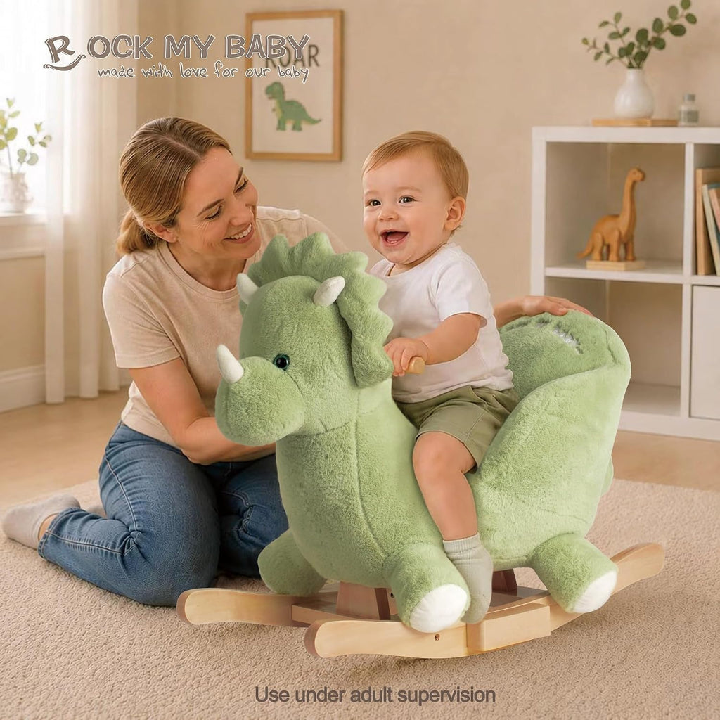Rocking Horse Green Dinosaur with Chair, Plush Stuffed Rocker for Toddlers 1-3, Baby Rocker with Sweet Music, Wooden