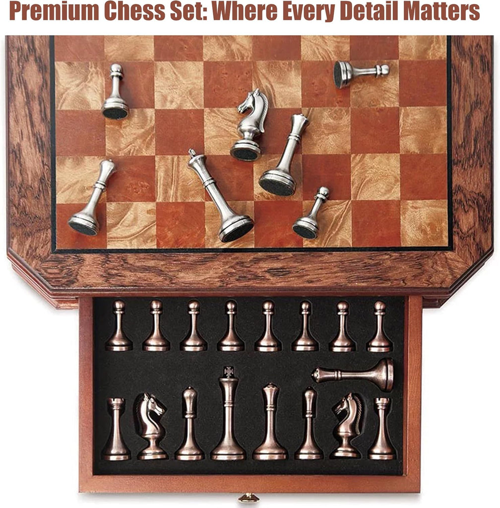 Luxury Wooden Chess Set with Metal Pieces, Handcrafted Solid Wood Board & Storage Drawer - Creative Gift for Men