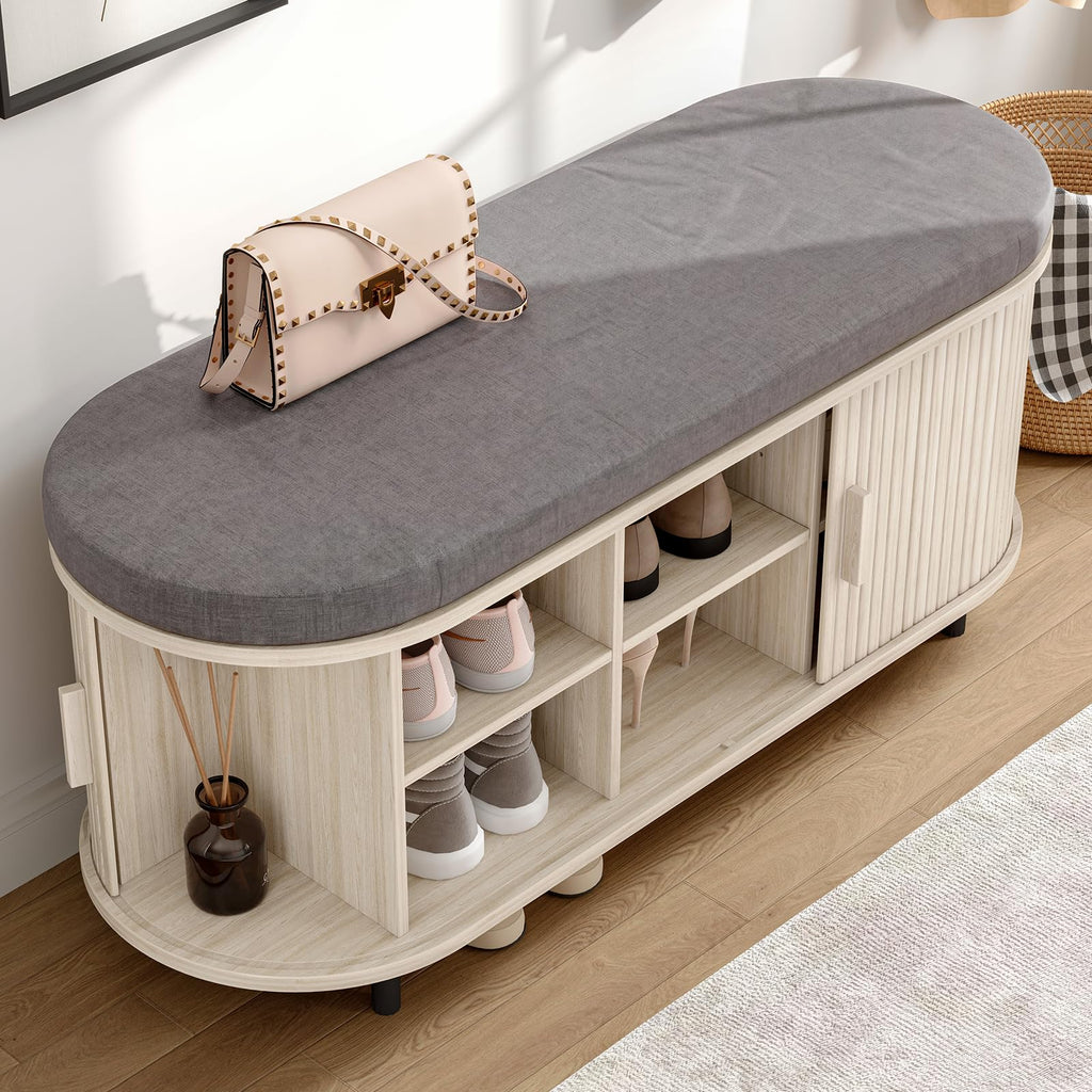 43" Shoe Bench with Storage, Fluted Shoe Storage Bench, White