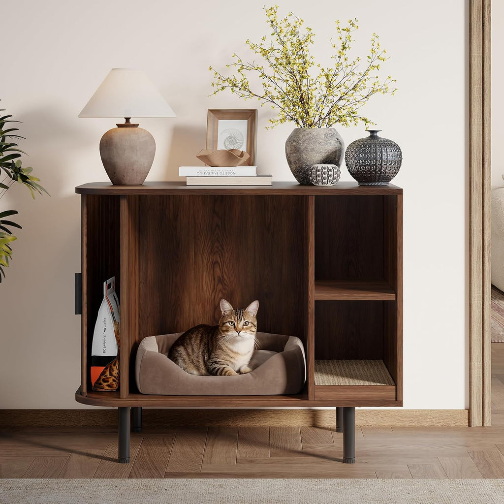 Cat Litter Box Enclosure, Kitty Hidden Litter Box Furniture with Scratch Pad, Modern Indoor Cat House, Sliding Door