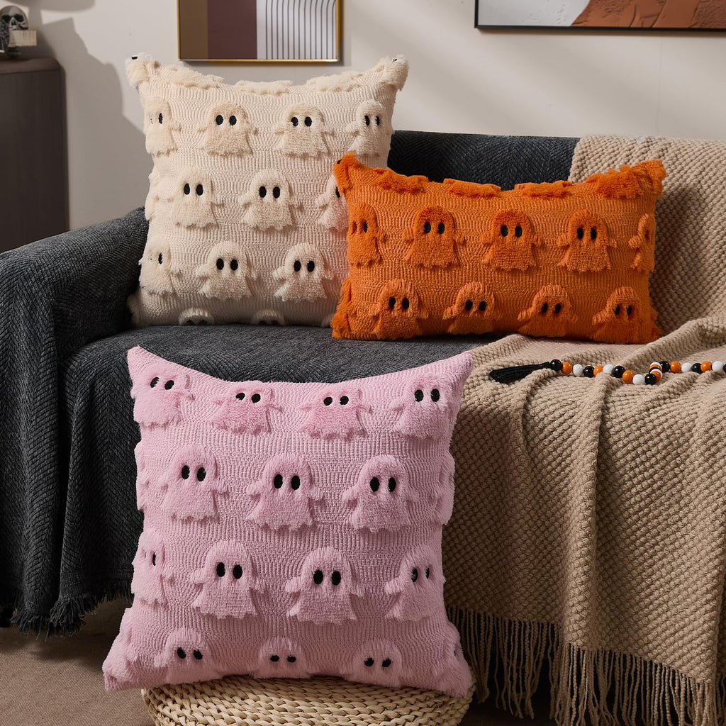 Halloween Pillow Covers 16x16 inch Set of 2 Pink Ghost Throw Pillow Cases Soft Plush Faux Fur Wool Couch Cushion Case