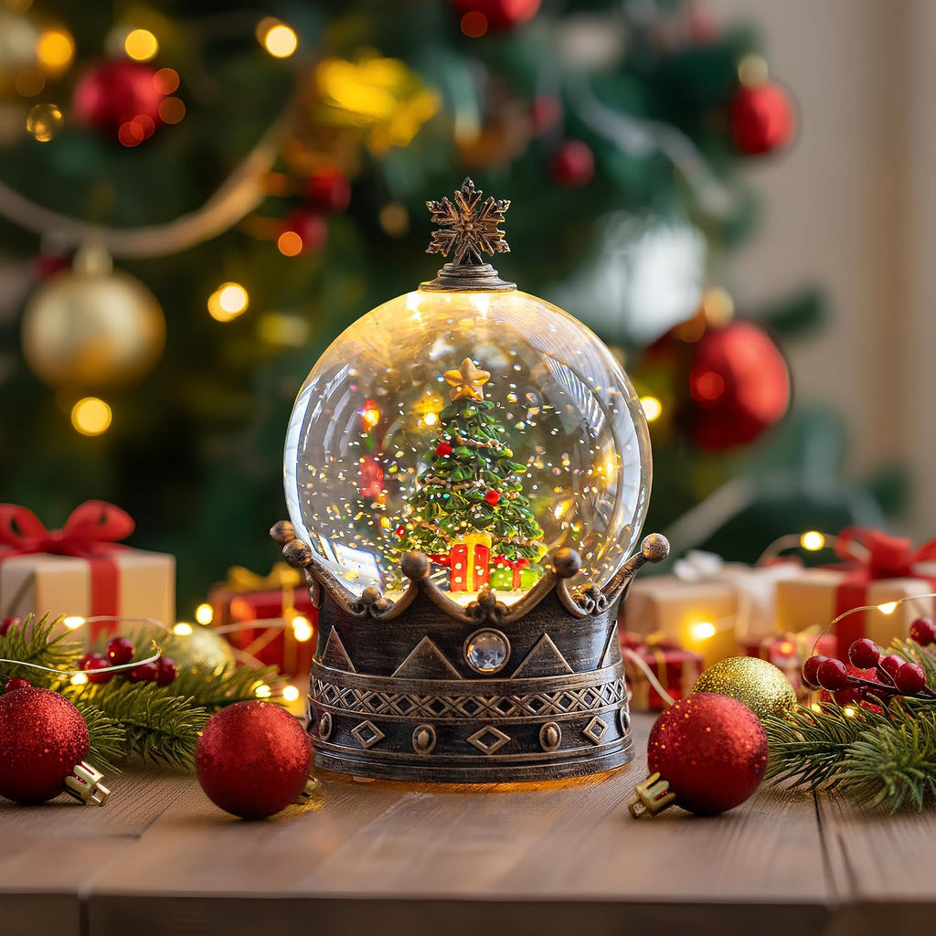 Christmas Snow Globe Lantern Water Glittering Christmas Tree Crown with Music, USB Lined/Battery Operated Lighted