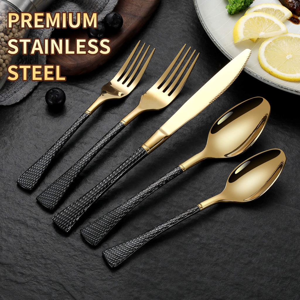 Hammered Black Gold Silverware Set for 8,Stainless Steel 40-Piece Modern Cutlery Set,Mirror Polished Heavy Duty
