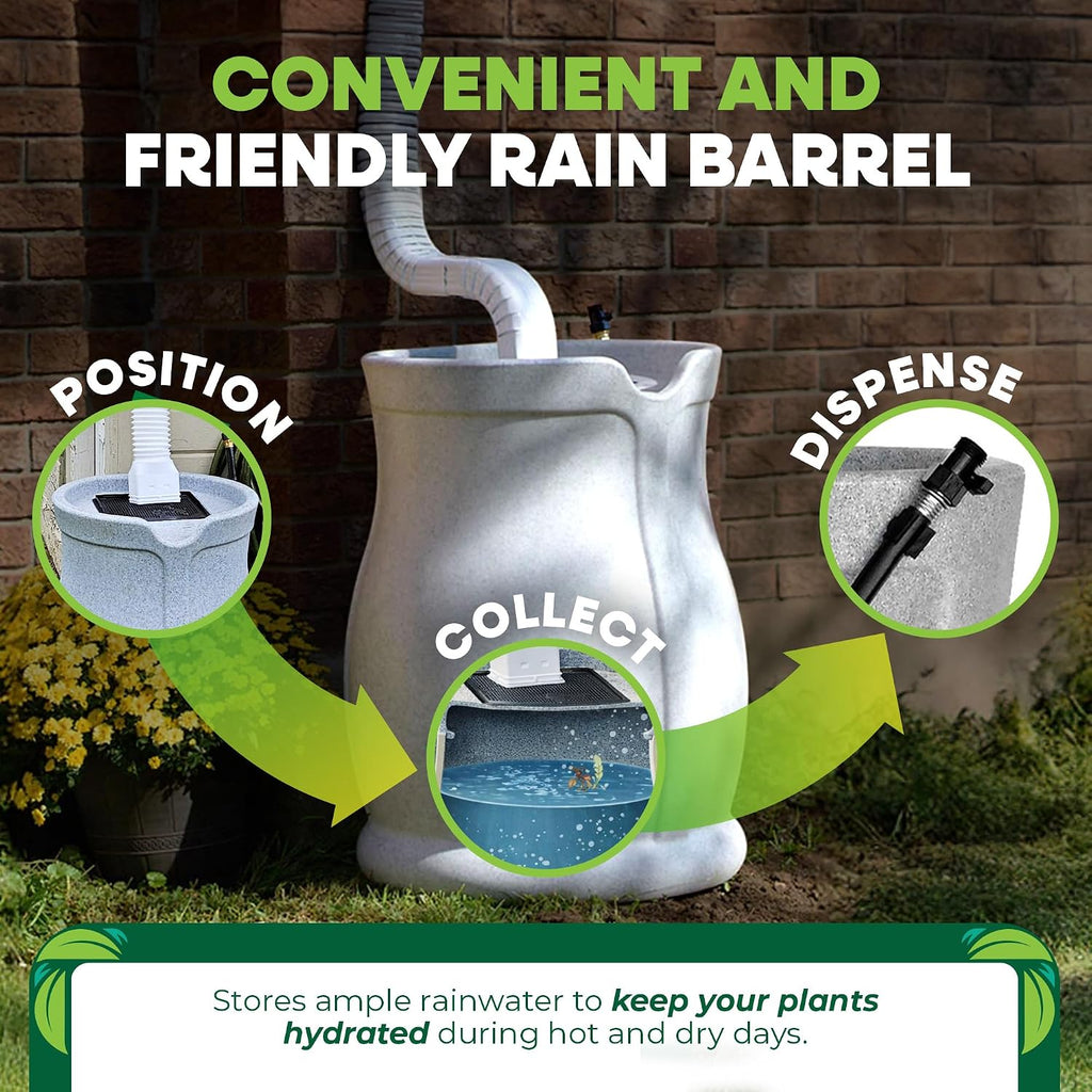 Catalina 45-Gallon Rain Barrel - BPA-Free Flat-Back Design with 3.5 Foot Garden Hose, Shut-Off Thumb Valve, and Fixed