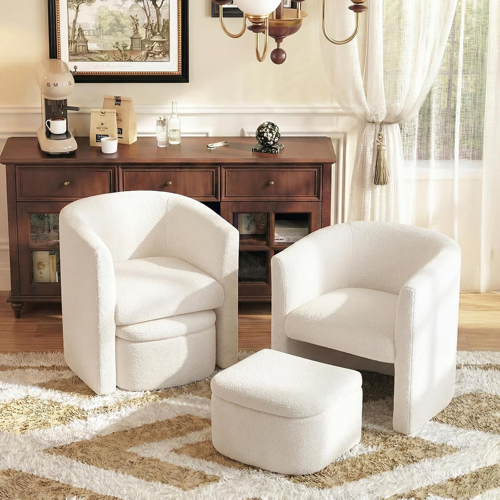 Morden Velvet Barrel Accent Chair with Storage Ottoman Set of 2, Upholstered Living Room Side Chair, Single Sofa