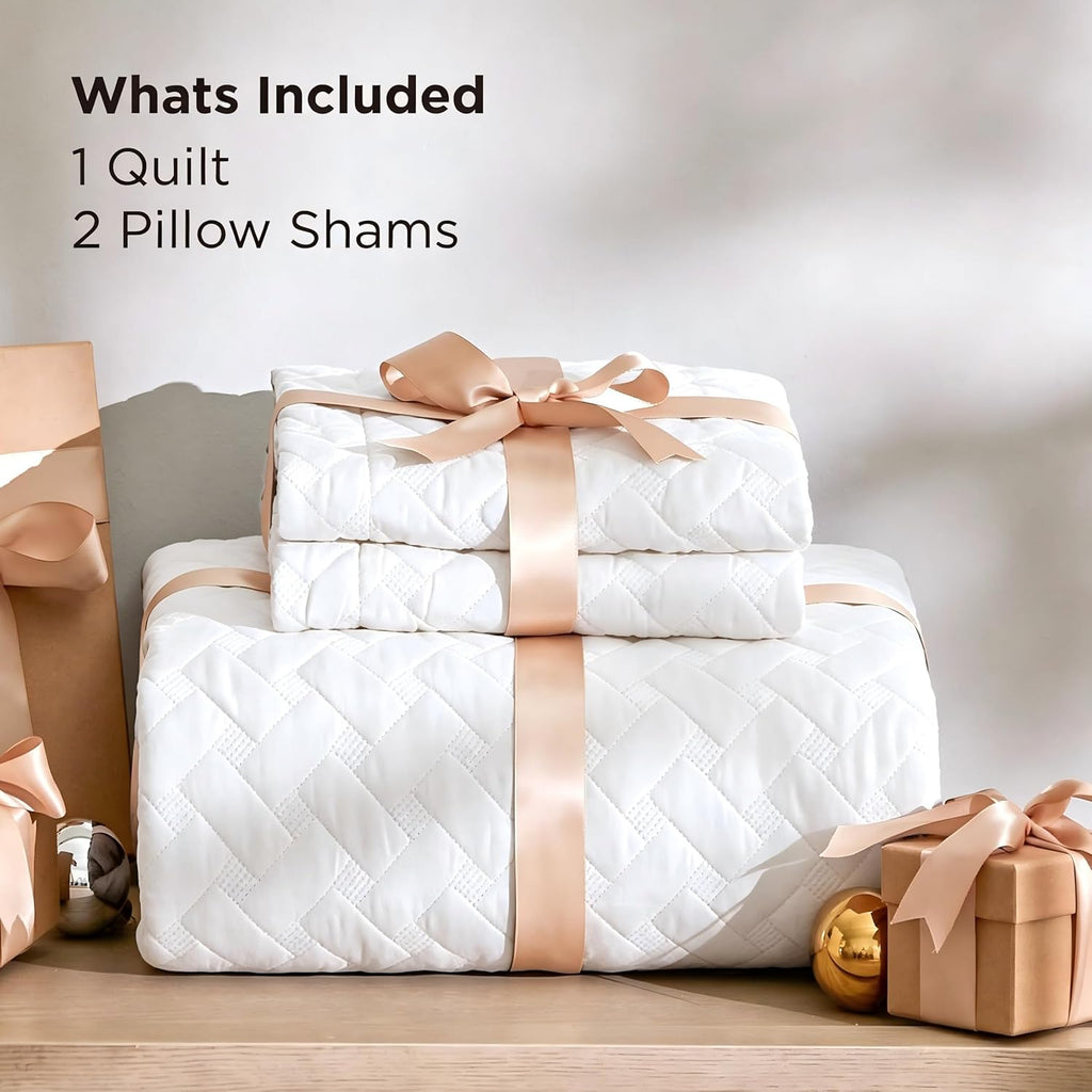 Quilts Queen - Lightweight Bedspreads Queen with Basket Weave Pattern, Soft Quilt Bedding Set, White Comforter Set