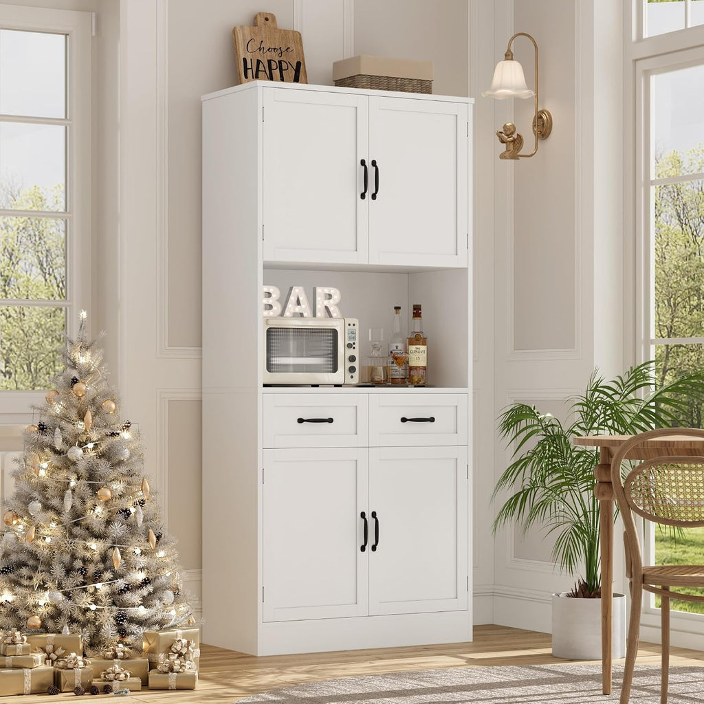 71" Tall Kitchen Pantry Storage Cabinet, Wood Kitchen Hutch, White | Modern Pantry Cabinet with Microwave Stand