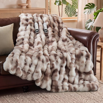 Faux Rabbit Fur Heated Blanket Throw 84x90 Inch, Tie Dye Taupe