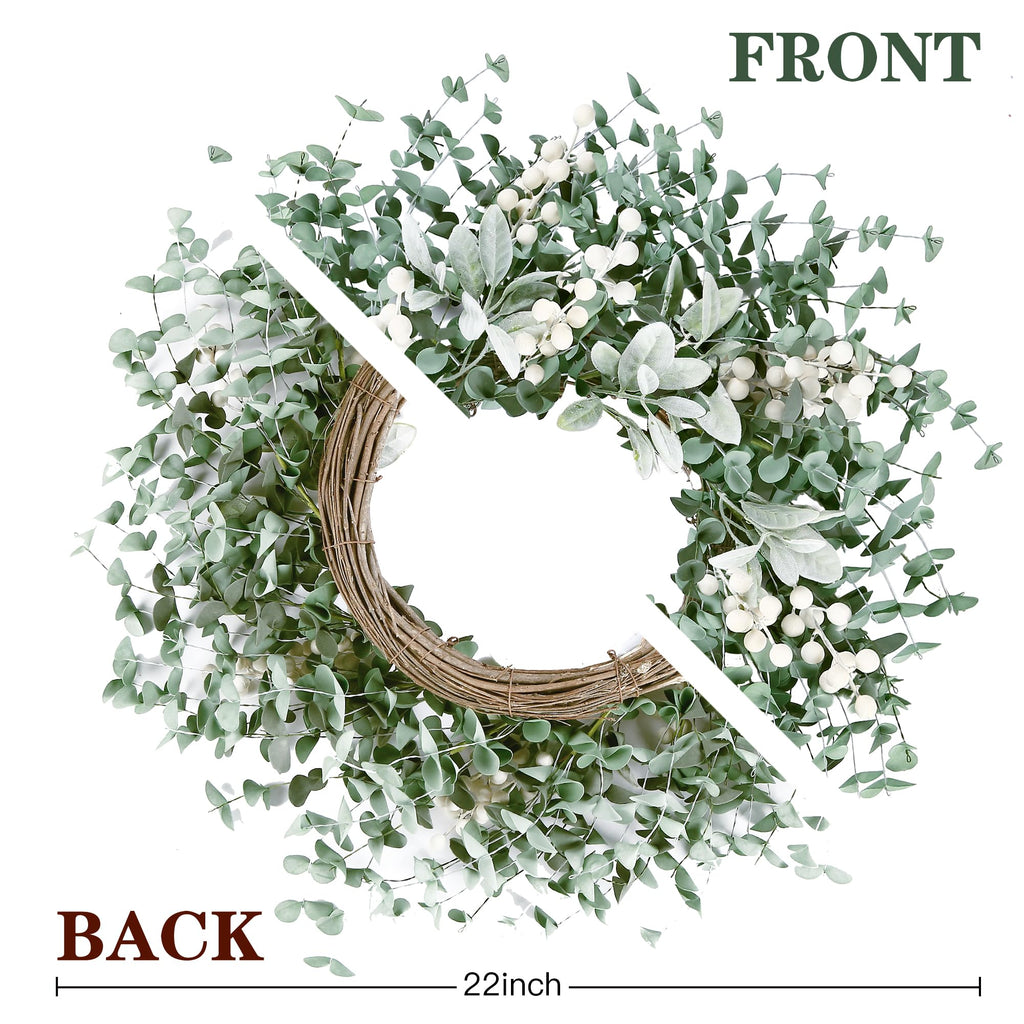 Artificial Greenery Leaves Wreath for Front Door 22 Inch Greenery Boxwood Wreath with Flocked Lambs Ear White Berries