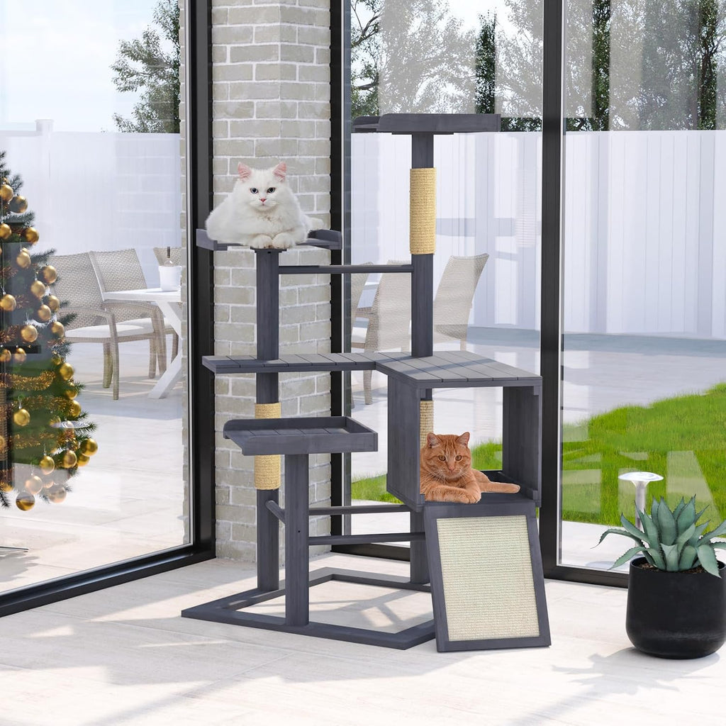 Outdoor Cat Tree for Large Cats, Weatherproof Solid Wood, 48"x43"x67"