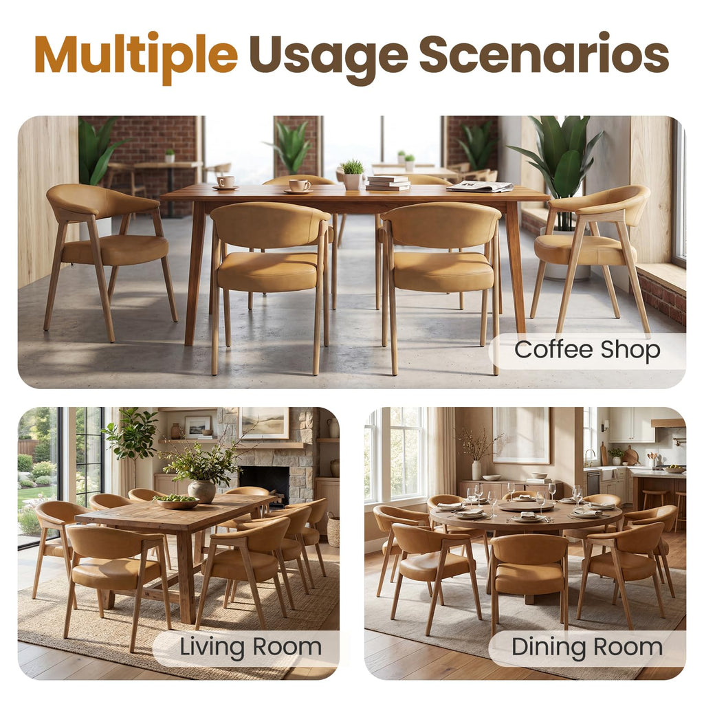Upholstered Brown Leather Dining Chairs with Arms Set of 2, Mid Century Modern Kitchen & Dining Room Chairs