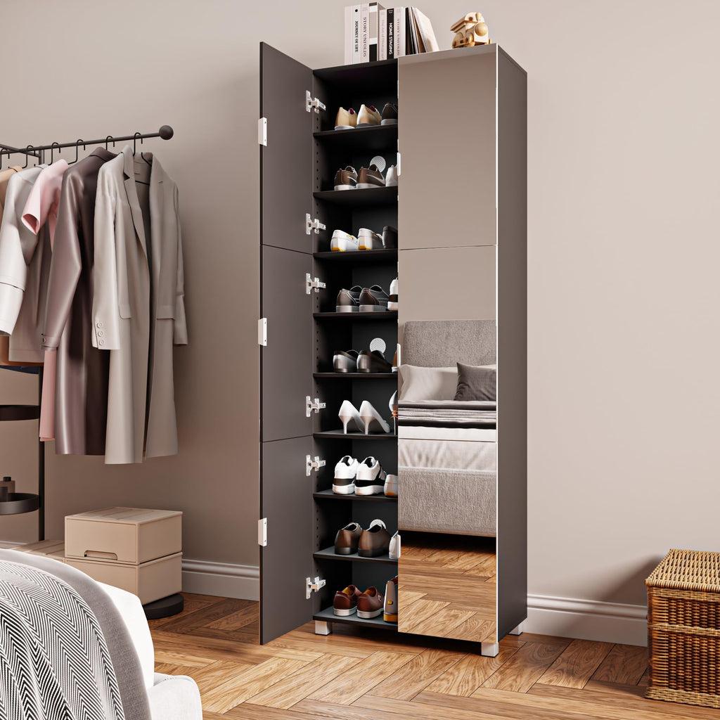 Mirror Shoe Cabinet with Full Length 6 Mirrored-Door Shoe Storage Cabinet
