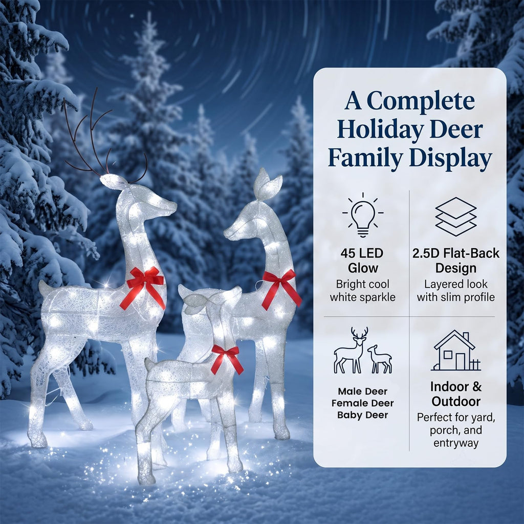 34IN 3-Piece 2.5D Lighted Christmas Deer Family Outdoor Decorations, White Pre-Lit Reindeer Set with 45 Lights