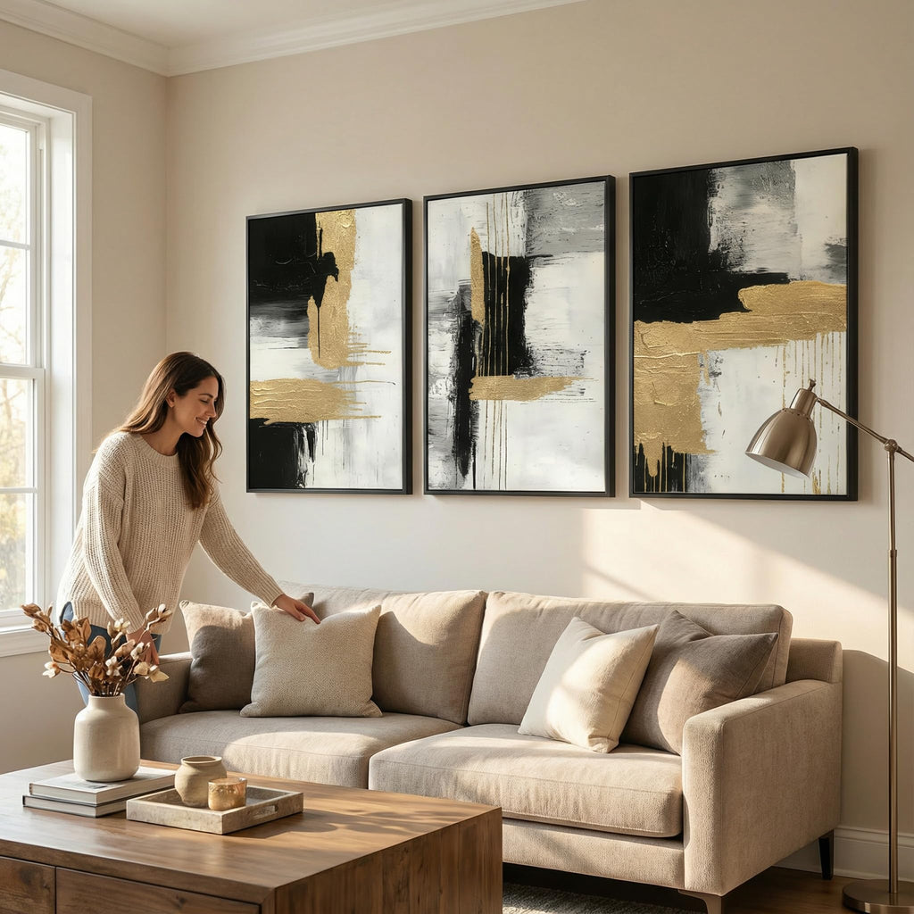3D Textured Black and White Abstract Wall Art with Gold Foil, Framed 3 Pcs Hand Painted Oil Paintings, Large Luxury