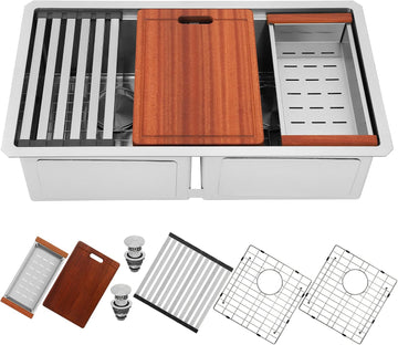 32 Inch Sink Undermount Double Bowl, 16 Gauge 50/50 Double Bowl Stainless Steel Workstation Sink, 32"x18"x10" Large