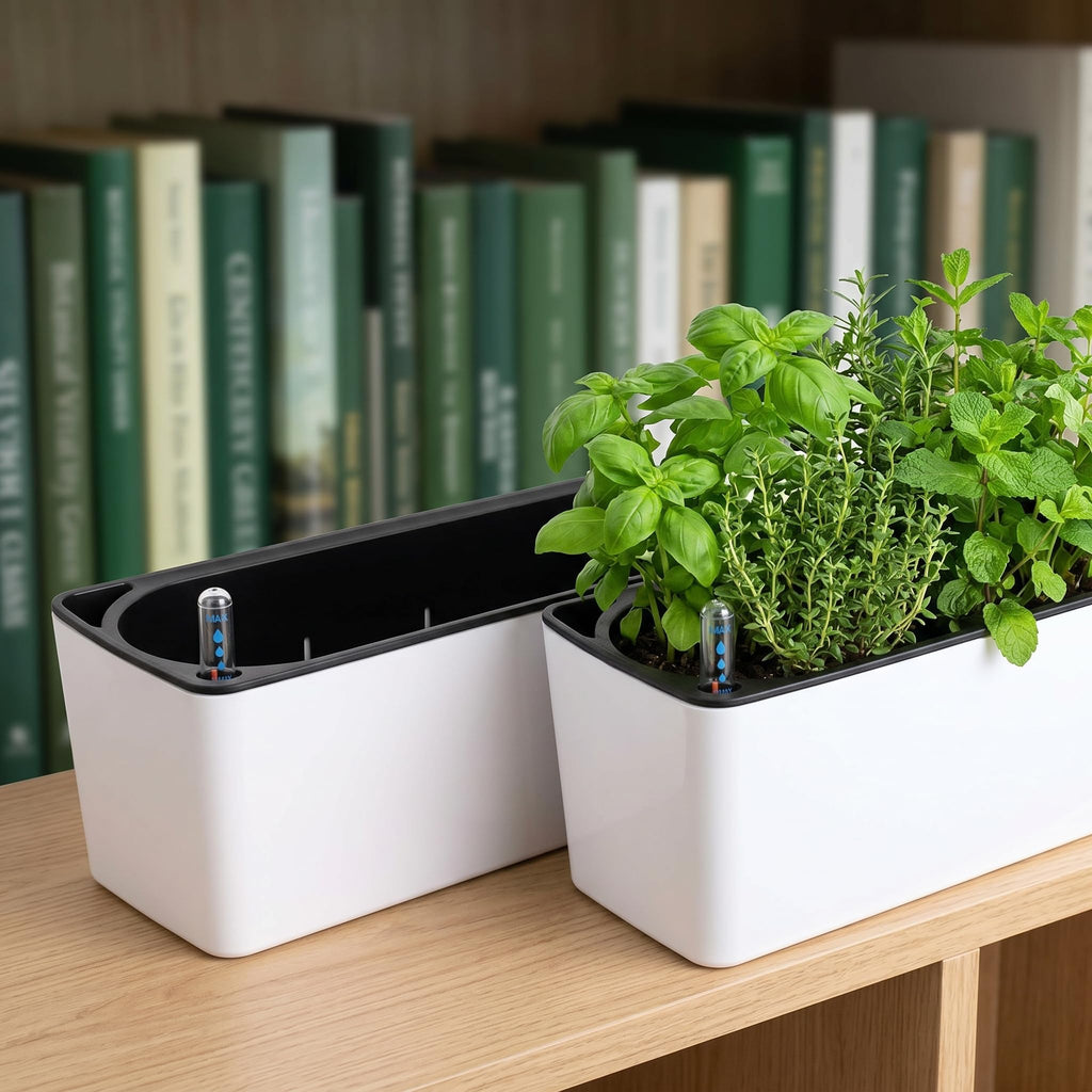 2 Pack Rectangle Self Watering Planter with Water Level Indicator, 16x 5.5 Inch Window Gardening Box, Decorative