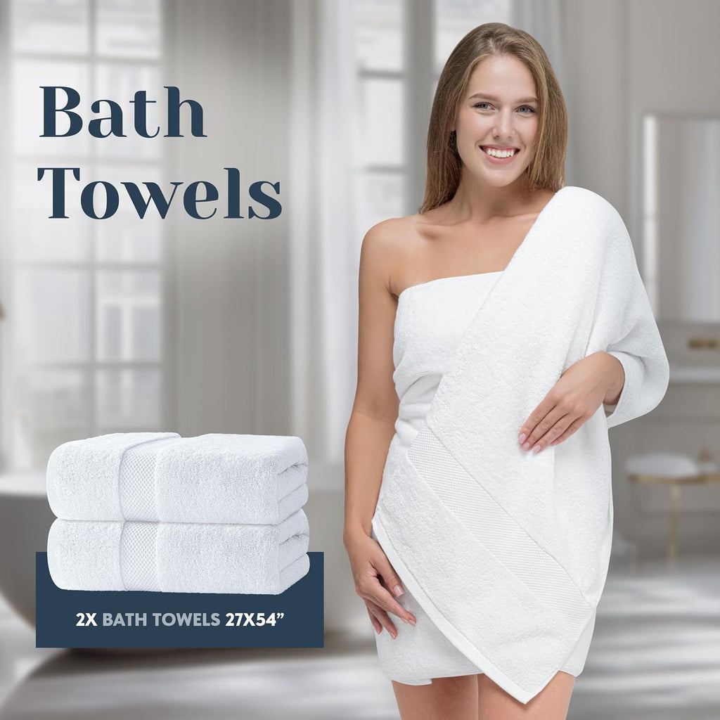 Luxury White Bath Towel Set of 8 Pieces - 100% Turkish Cotton 700 GSM Highly Absorbent Towels , 2 Bath Towels, 2 Hand