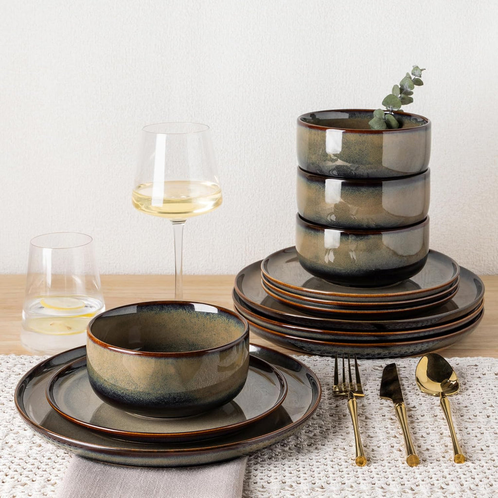 Ceramic Dinnerware Sets for 4, 12 Pieces Handmade Reactive Glaze Plates and Bowls Set, Scratch Resistant Dish Set