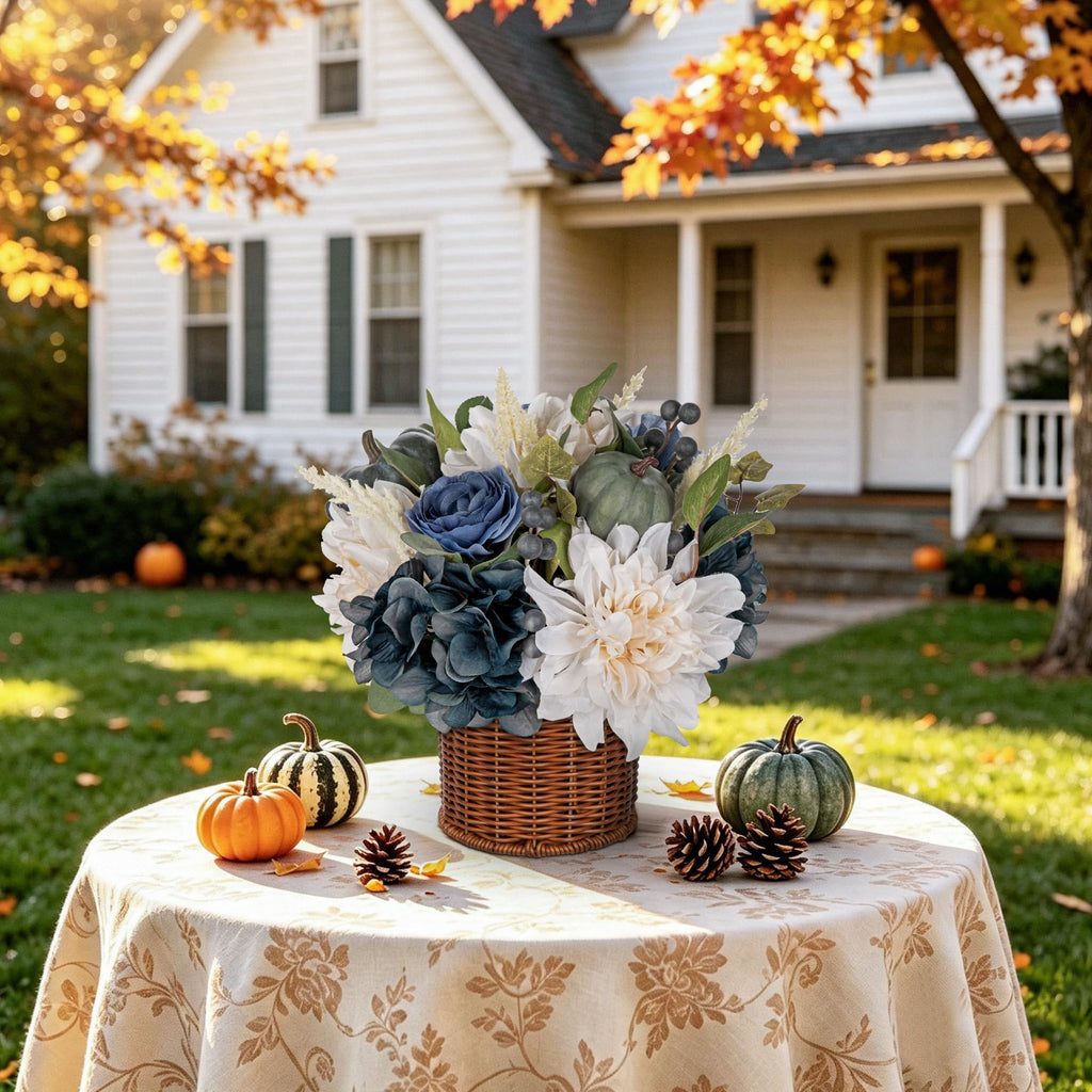 13.8" Fall Flowers Arrangement in Baskets Pot Outdoor Indoor Fake Pumpkin Hydrangea Peonies Artificial Flower in