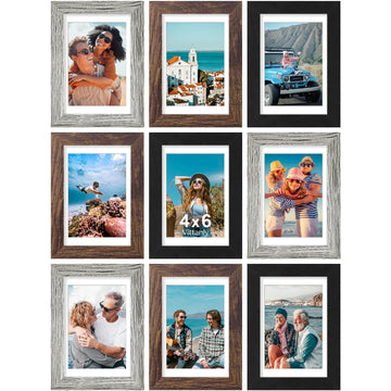 4x6 Picture Frames Set of 9, Wall & Tabletop, Black&Brown&Grey