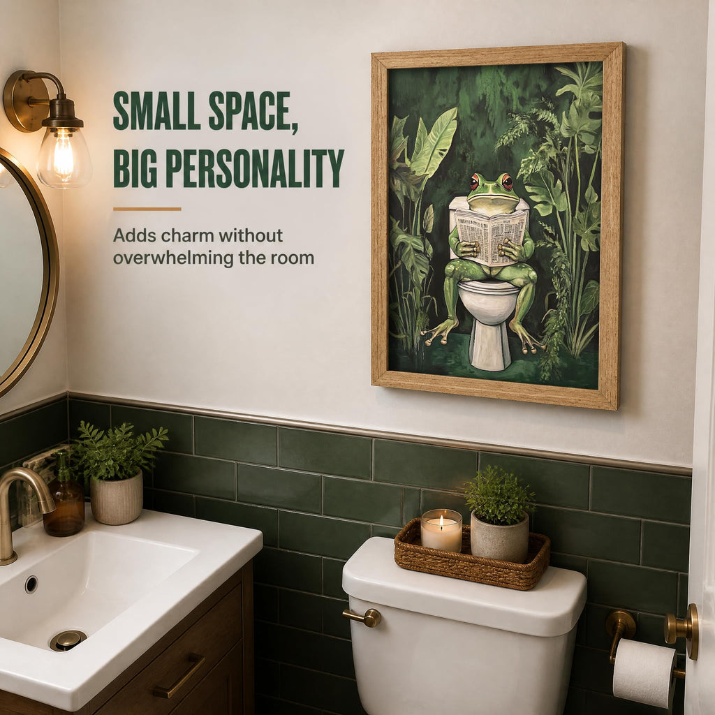 Funny Bathroom Canvas Wall Art Framed Frog on Toilet Reading Newspaper Wall Decor Tropical Green Plants Bathroom