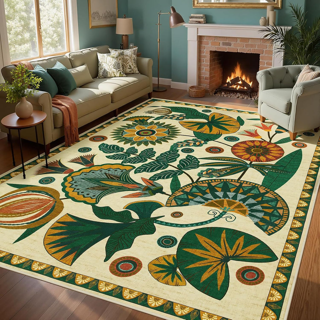 Egypt Floral Boho 9x12 Rugs for Living Room, Large Beige Washable Area Rug for Bedroom Dining Room T