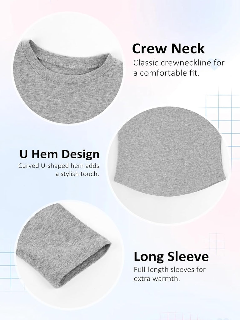 4 Pack Toddler Girls Long Sleeve Cotton Shirts Curve Hem Basic Tee