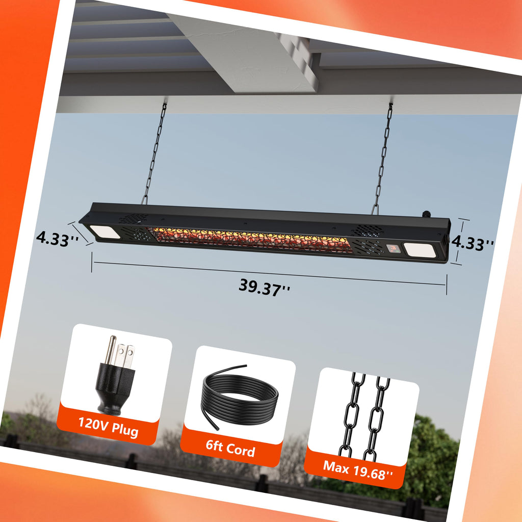 Hanging Electric Patio Heater with Light Ceiling Outdoor, Wifi Control, 1500W Infrared 9 Heat Levels, 24H Timers, 1s
