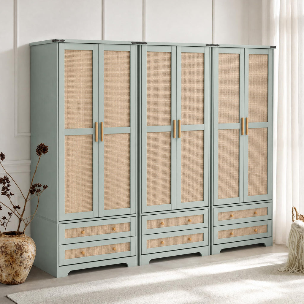 2 Doors Wooden Armoire Wardrobe Closet with 2 Drawers, Mint