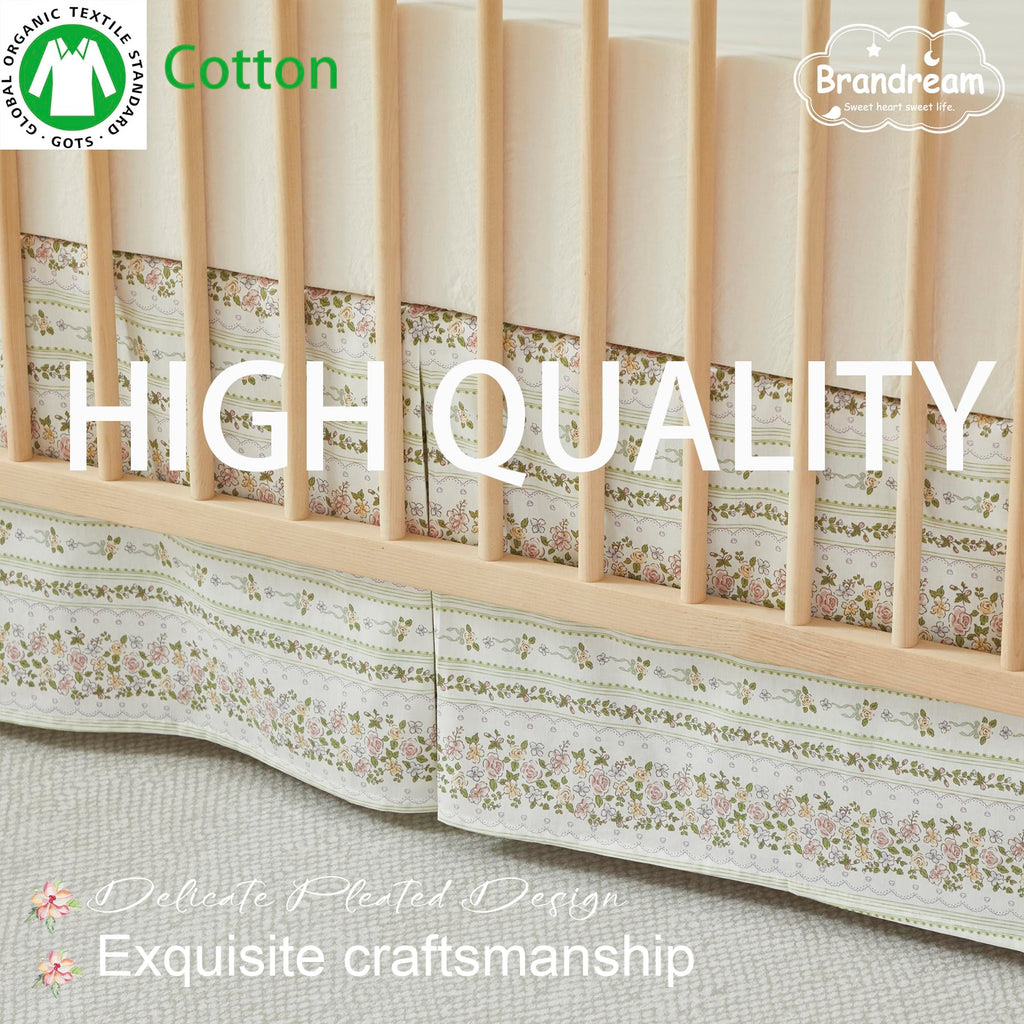 Floral Stripe Cotton Crib Bed Skirt Pleated Dust Ruffle for Baby Girls Boys Toddler Bedskirt Nursery Standard Crib