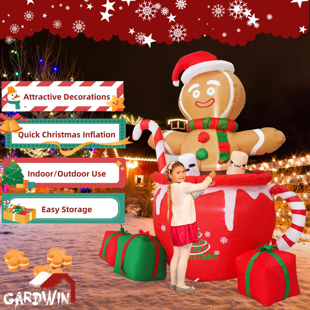 6ft Gingerbread Christmas Inflatable Outdoor Decoration, Christmas Outdoor Decoration Blow up Gingerbread Mug Yard