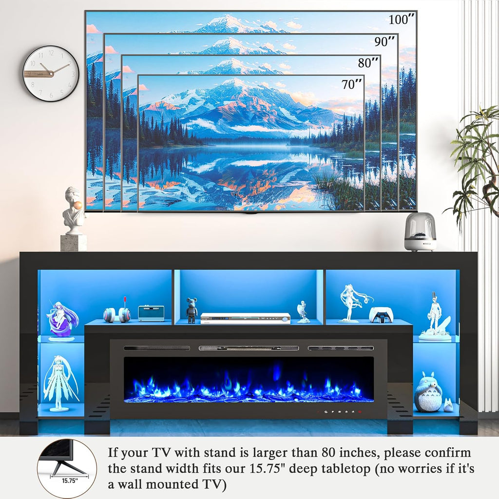 94.5 Inch Fireplace TV Stand for TVs up to 100 Inches, Gaming LED Entertainment Center with 50 Inch Electric Fireplace, High Gloss Media Console, Black