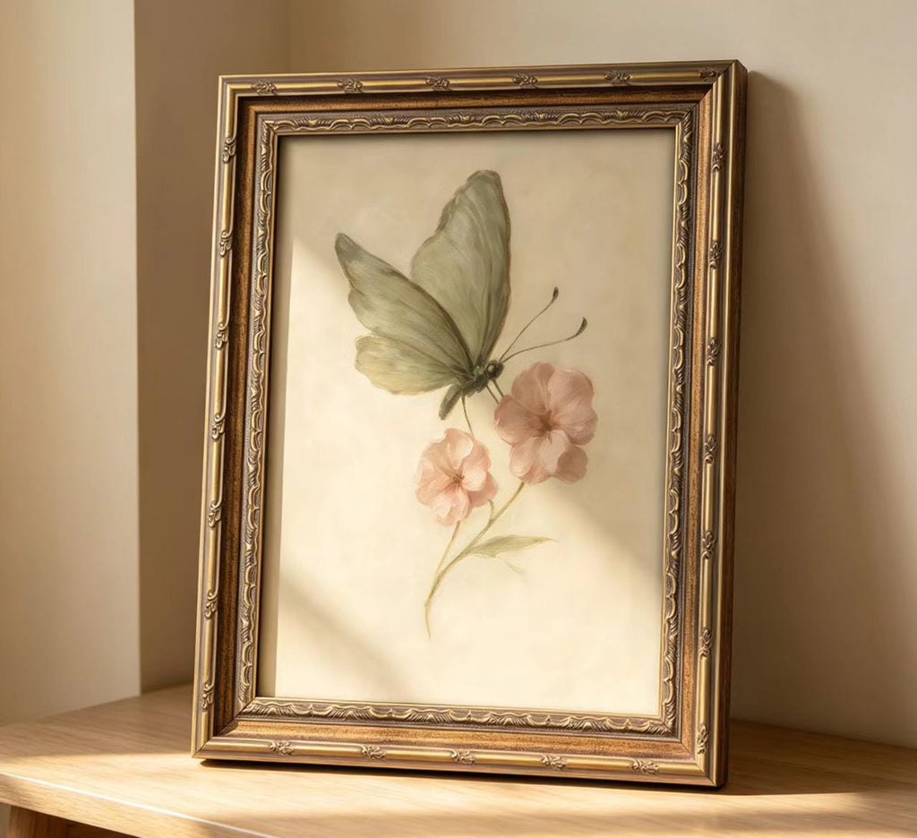 Vintage Gold Framed Wall Art, Retro Butterfly and Pink Flower Oil Painting Canvas Prints, Beige Insect Picture