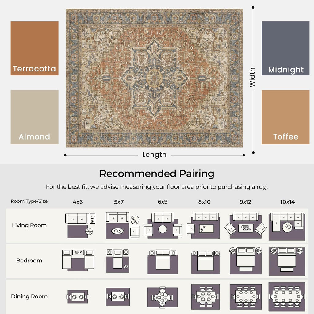 9x12 Washable Area Rugs Terracotta with Vintage Orient Design, Soft Rug