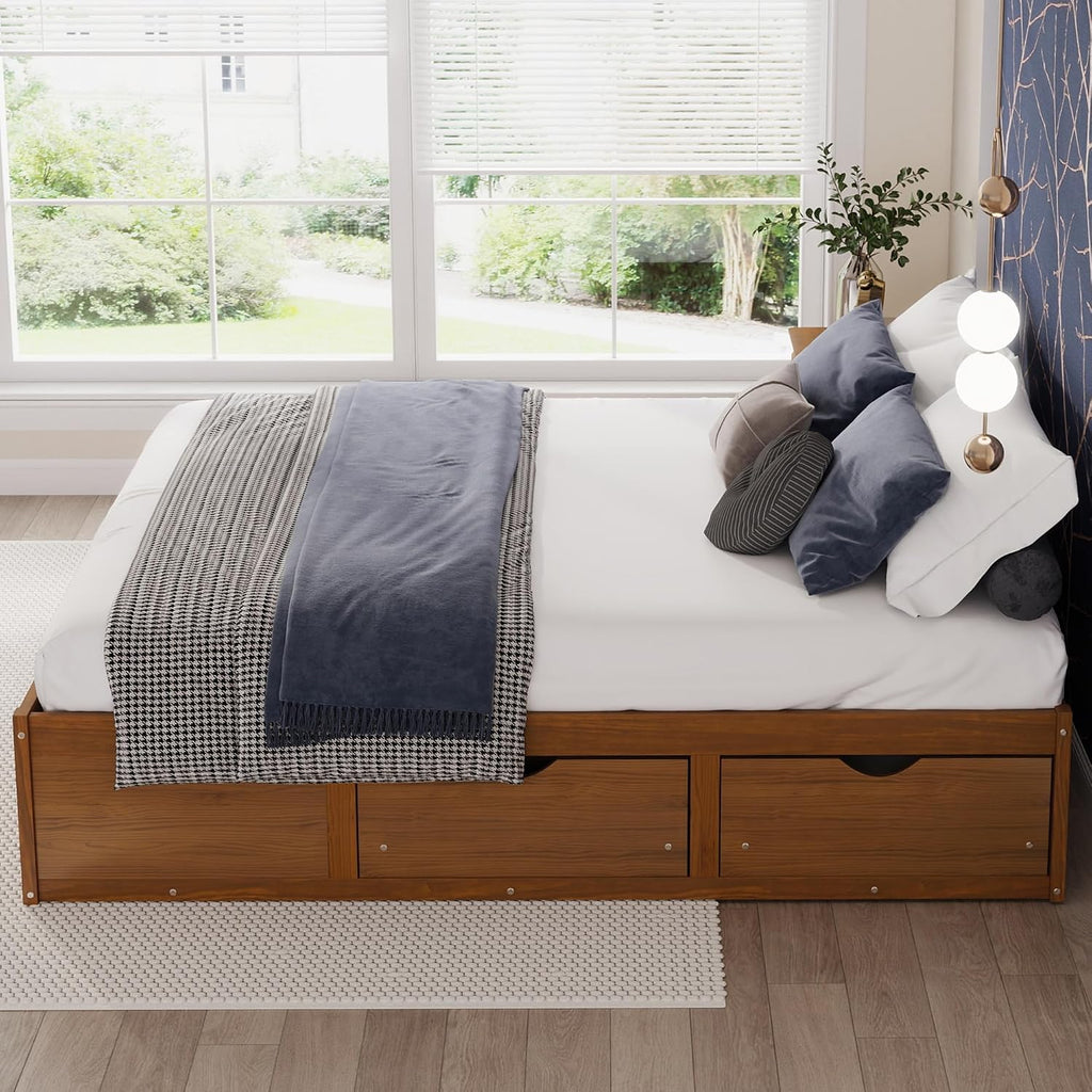 Wood Bed Frame with 6 Storage Drawers, No Headboard, Walnut