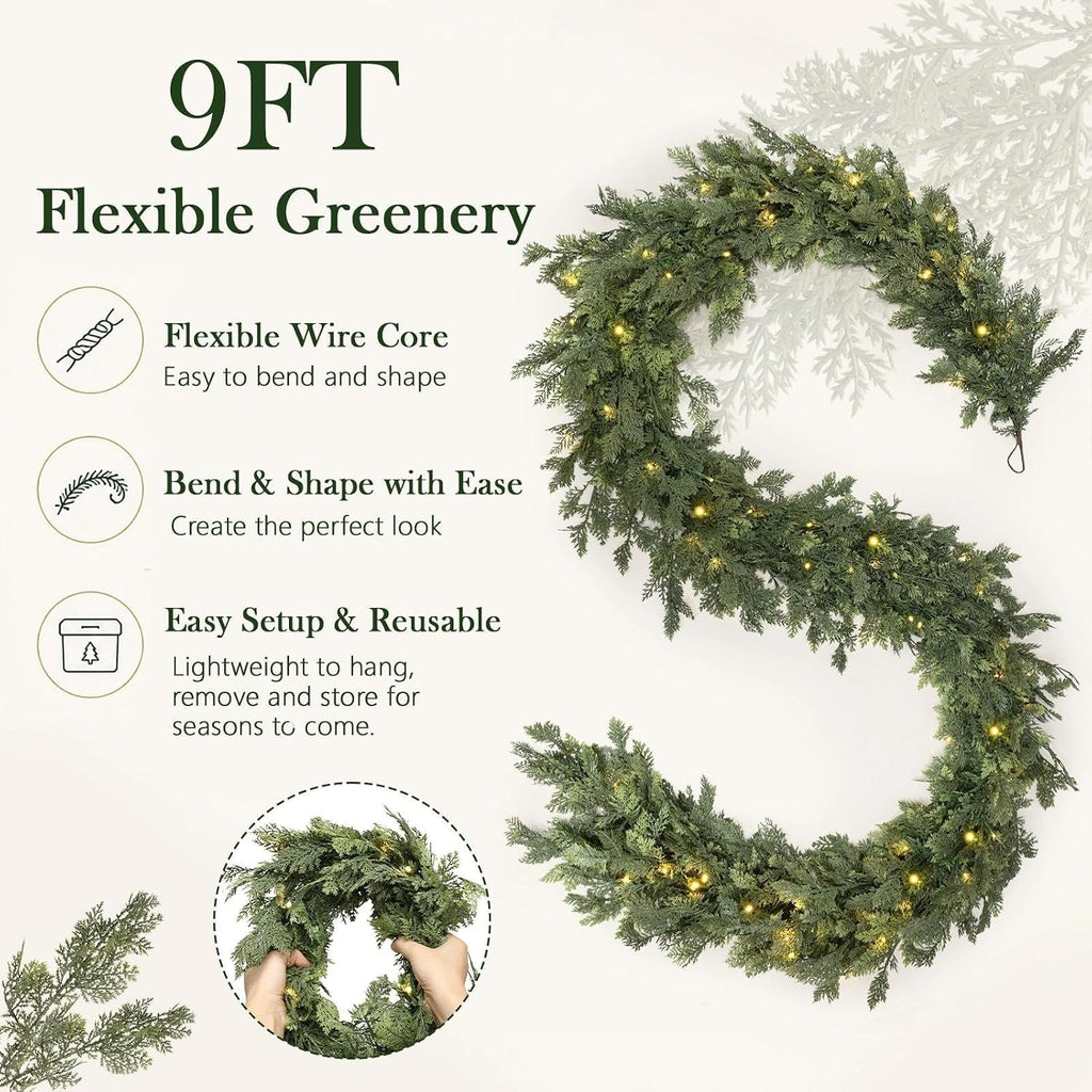 Pre-Lit Christmas Garland 9FT Decorations Real Touch Cedar Cypress Pine Greenery Artificial Green Christmas Garland