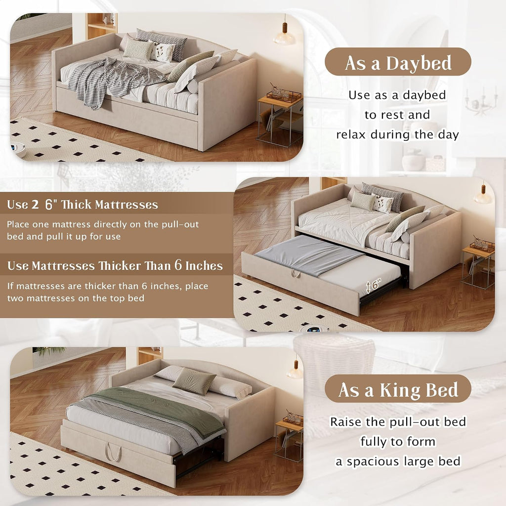 Twin-to-King Velvet Daybed with Extended Pop-Up Trundle, Beige | Space-Saving Upholstered Sofa Bed for Guest Rooms;
