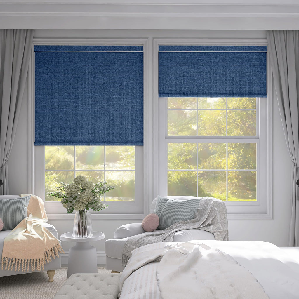 Linen Roller Shades, Cordless Roller Blinds, Blue, Custom Size