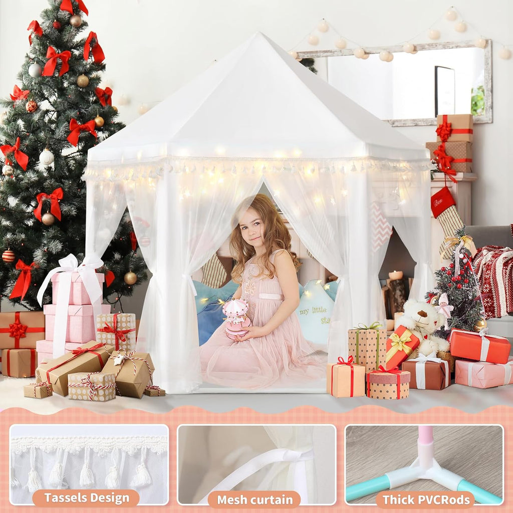 White Princess Tent Girls Tassel Decor Large Playhouse Kids Castle Play Tent with Star Lights Toy for Children Indoor