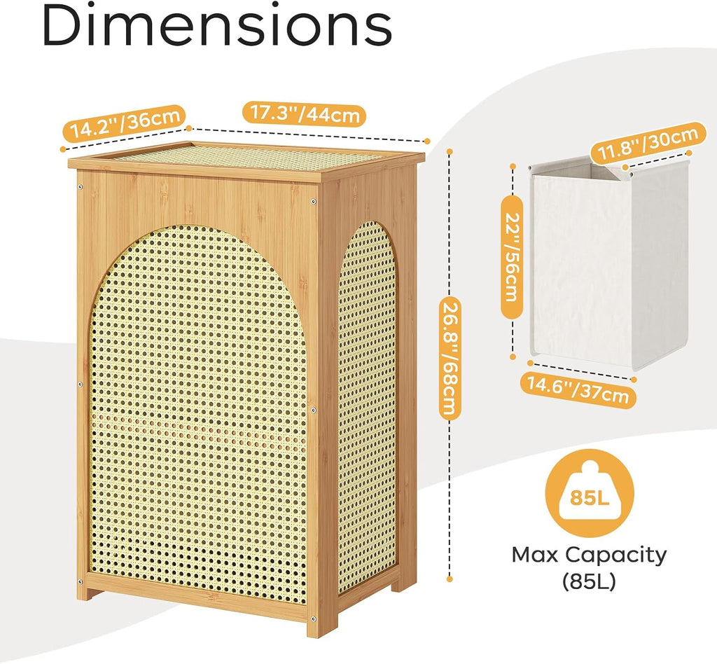 Bamboo Laundry Hamper with Lid, 16.9" x 13.4" x 26.8" Wooden Clothes Basket with Removable Liner Bag, Space-Saving