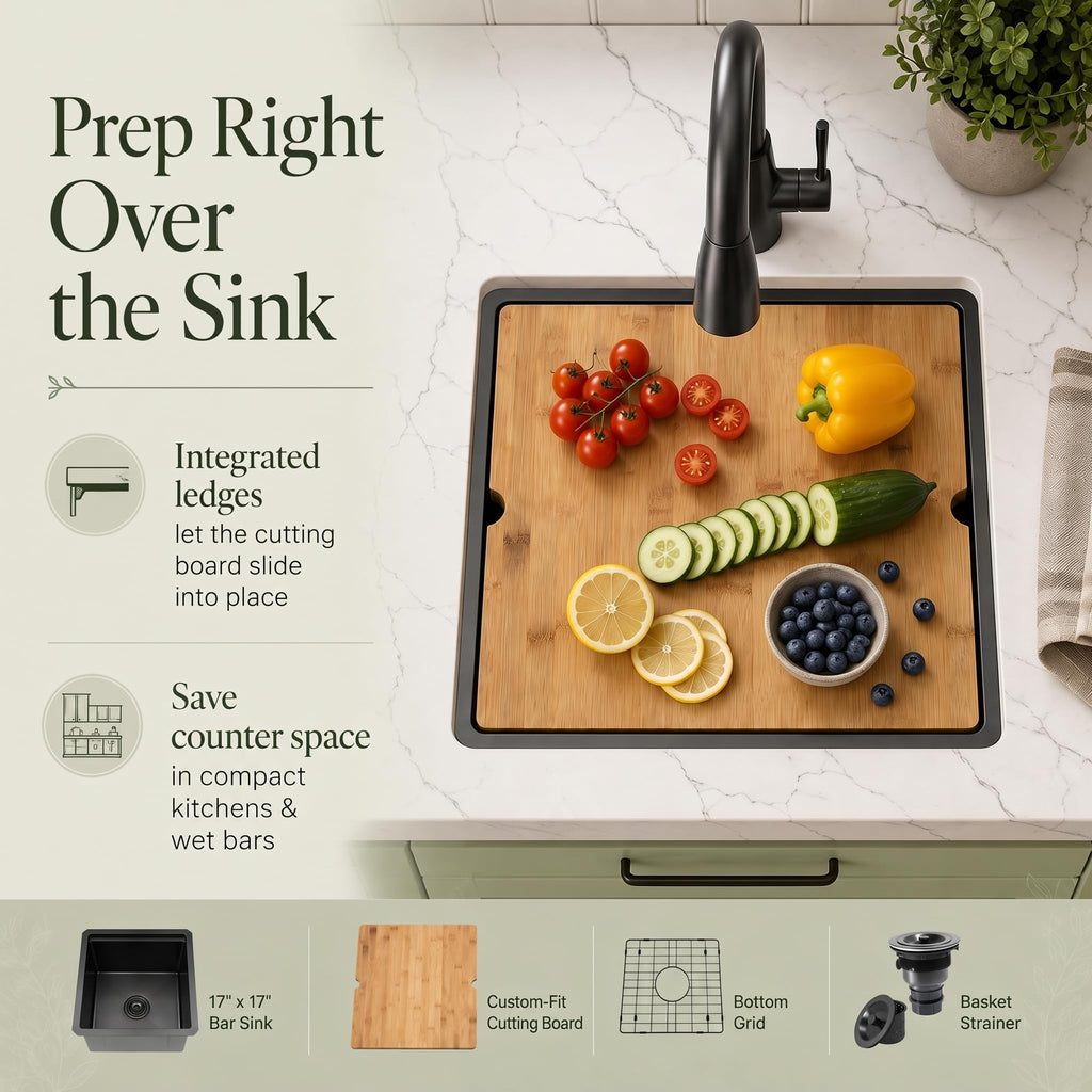 17x17 Inch Black Undermount Stainless Bar Sink with Cutting Board